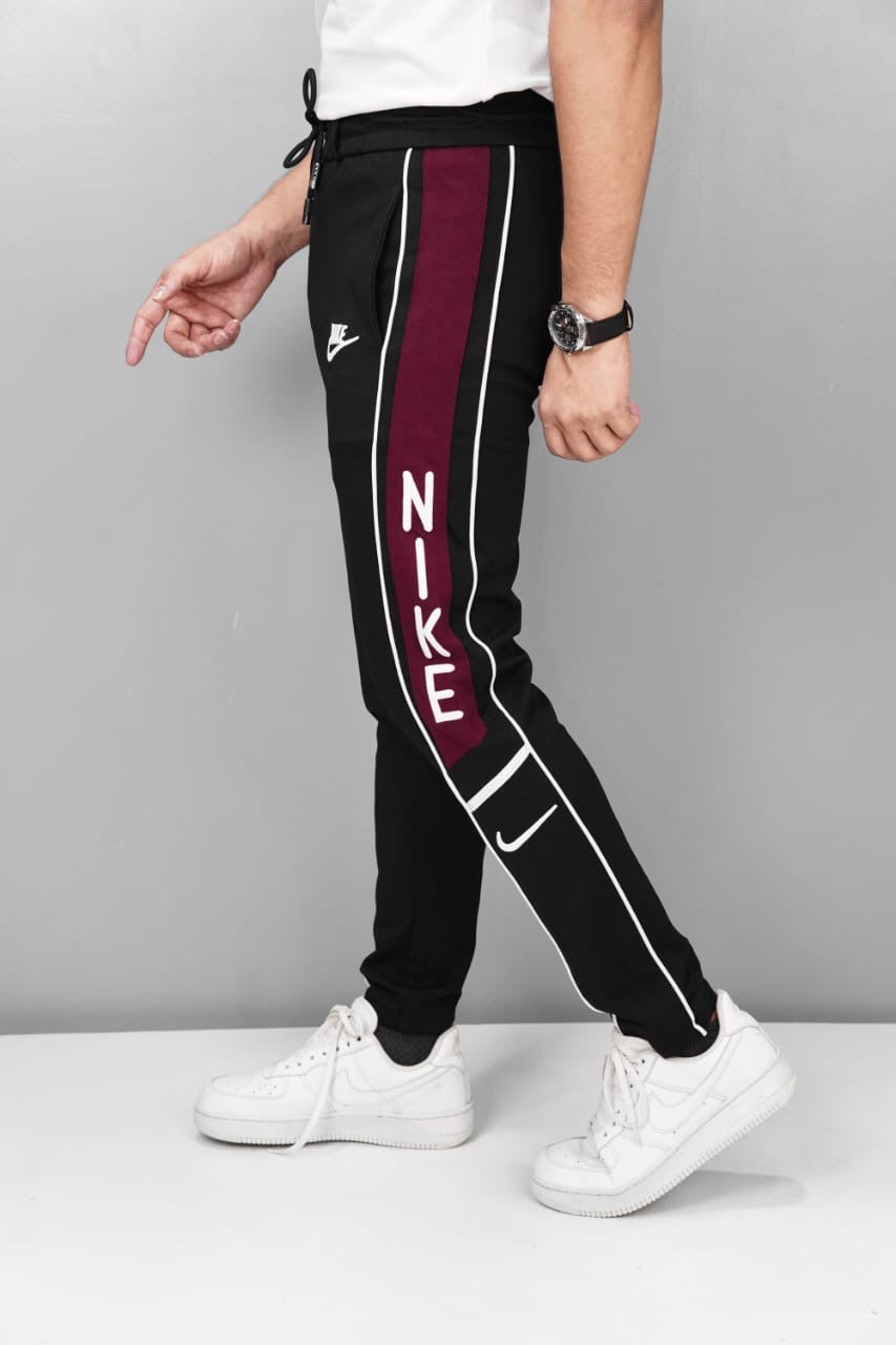 Men’s Trendy Slim Fit Joggers – Black with Maroon Panel